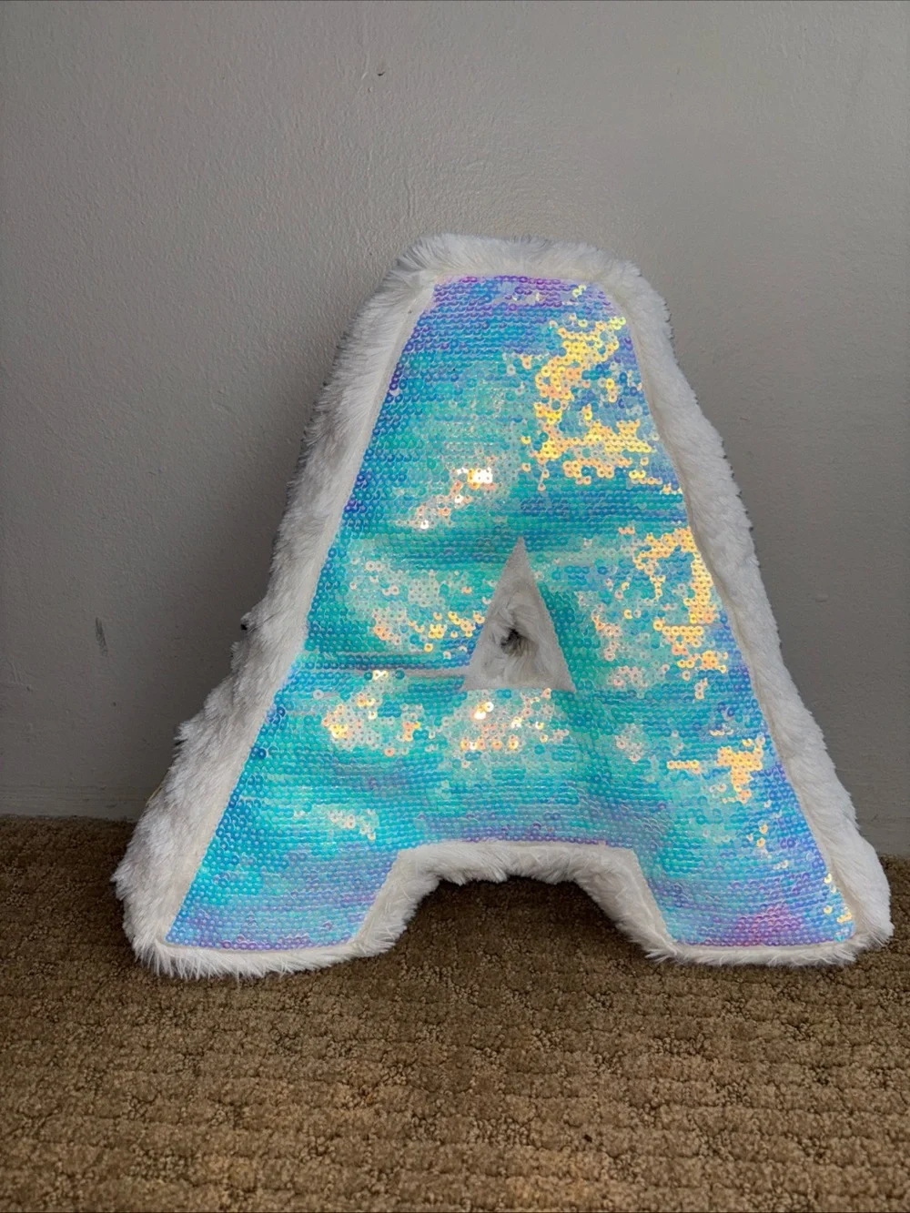 Sequin JUSTICE Letter A Pillow Plush Toy Iridescent white purple EUC Large 14”